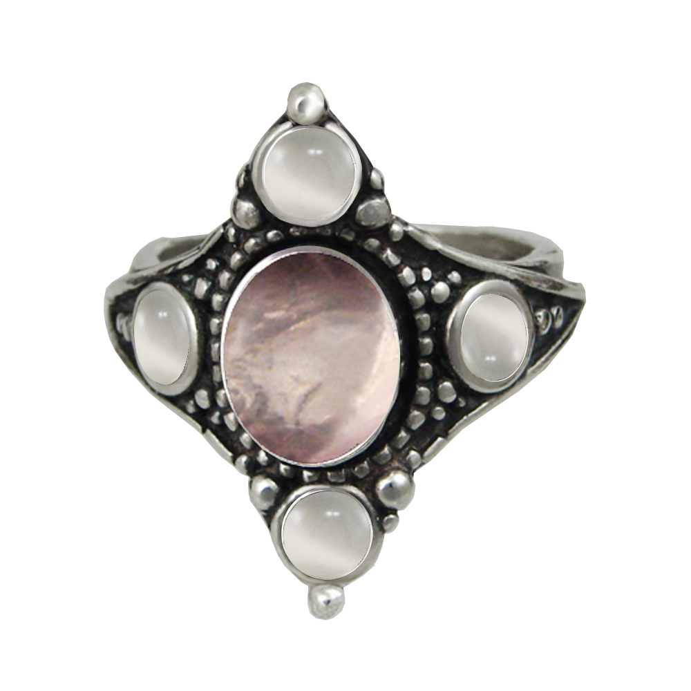 Sterling Silver Renaissance Queen's Ring With Rose Quartz And White Moonstone Size 10